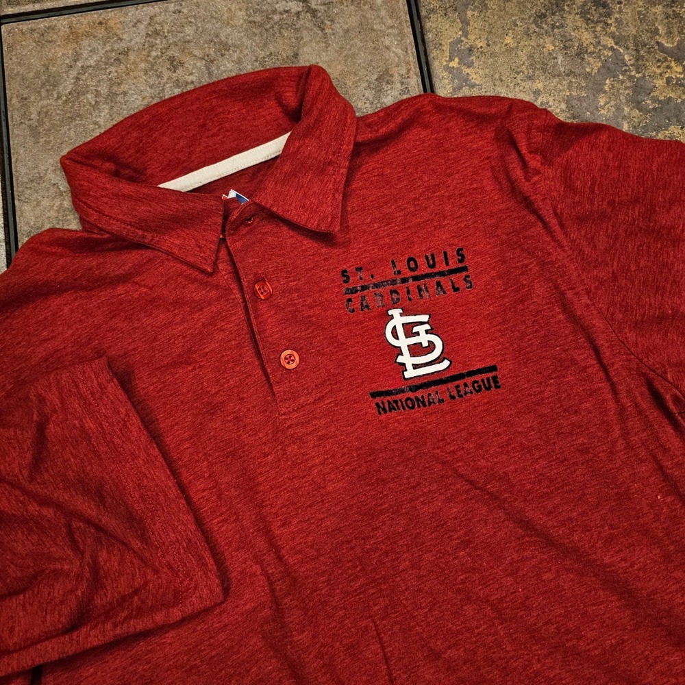 Majestic Mens St Louis Cardinals Polo Shirt Red Heather MLB Fan Gear Large